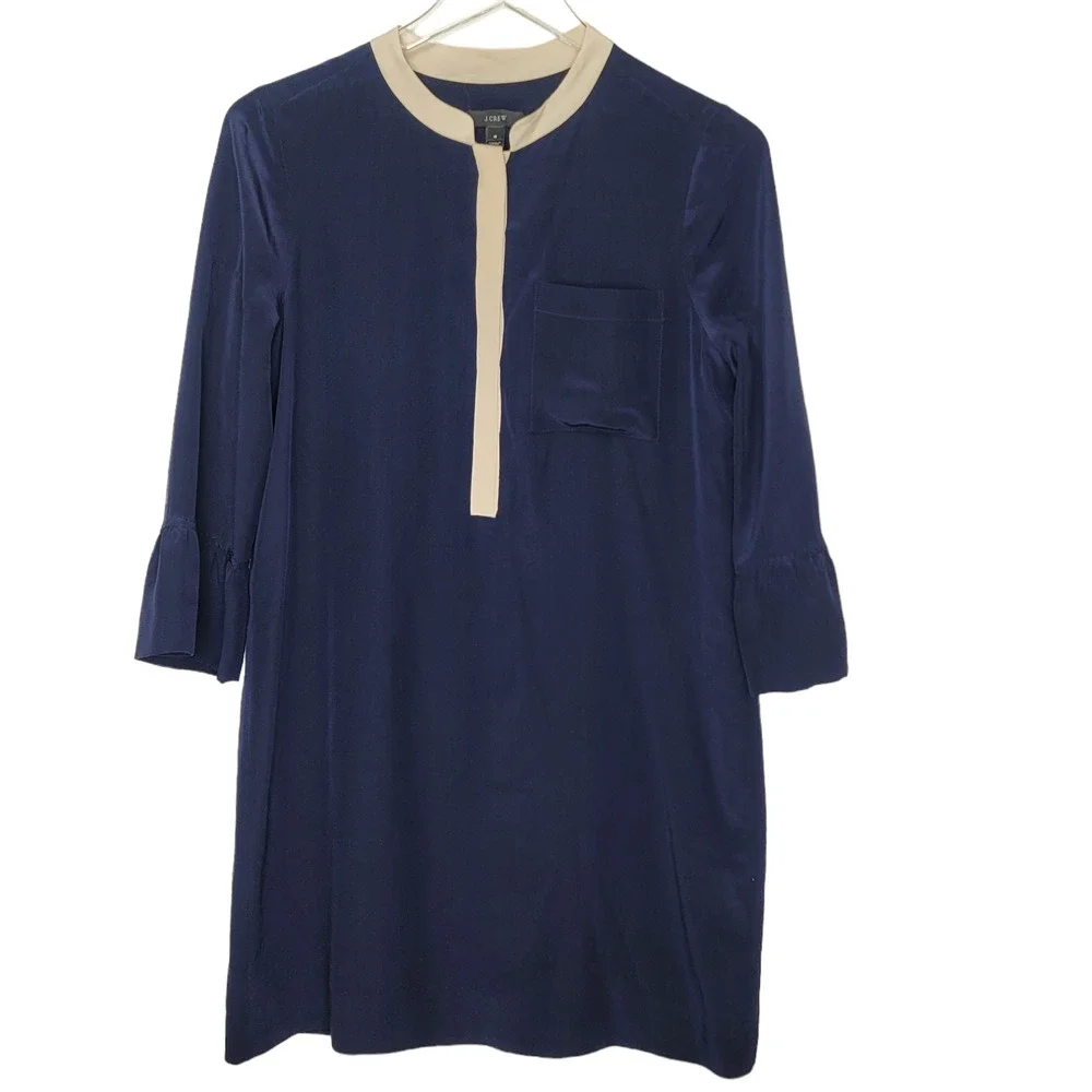 J Crew Silk Shift Dress Size 4 Navy Blue Button Front Long Ruffle Sleeve